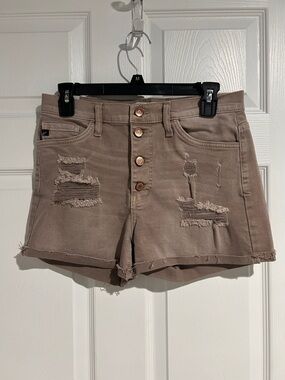 KanCan Taupe Distressed Button-Front Jean Shorts